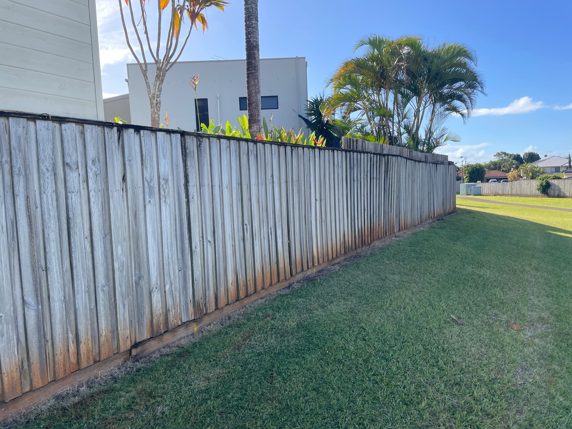 Old weathered timber paling fence before replacement