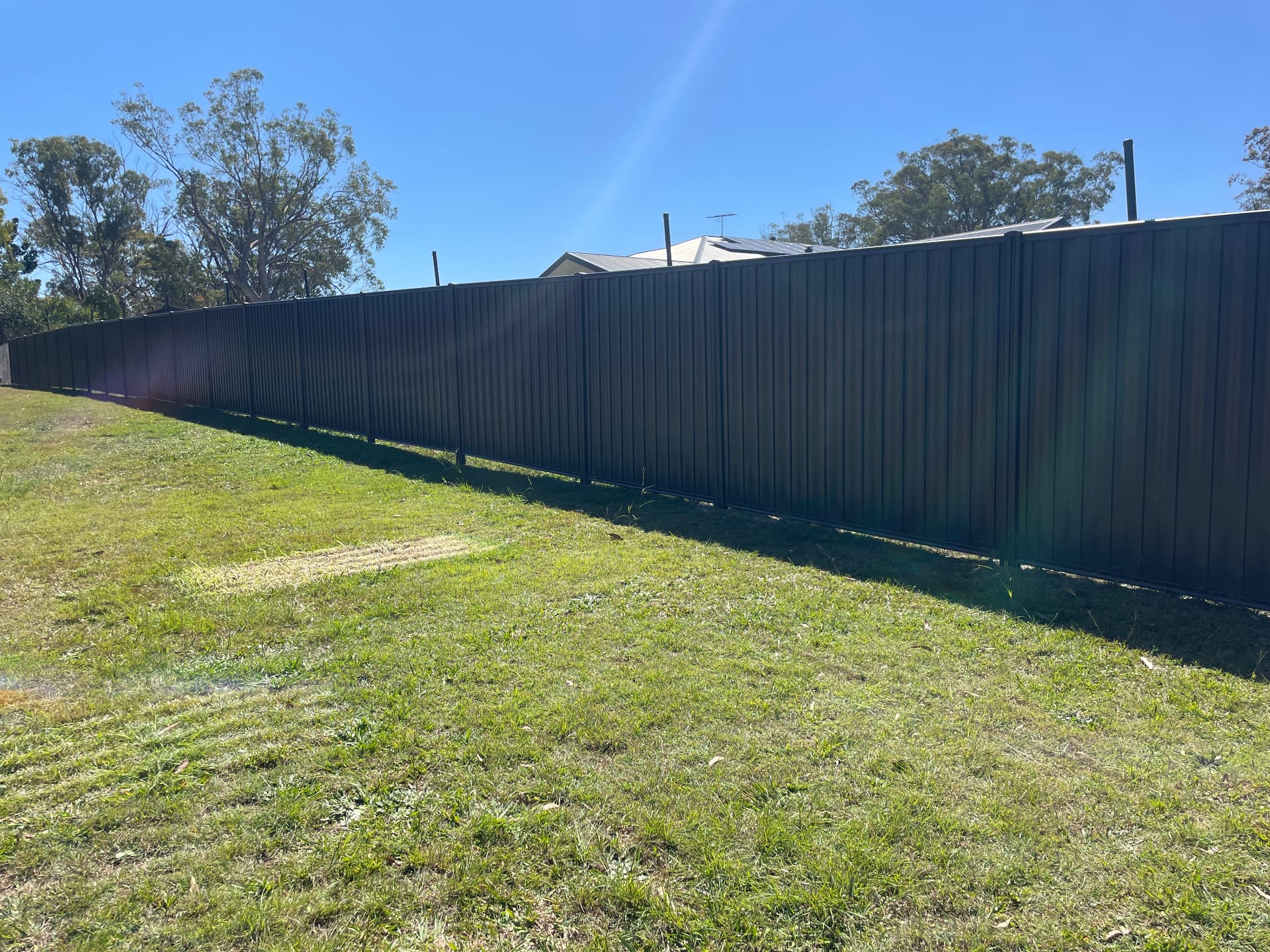 New black Colorbond fence along a grassed boundary